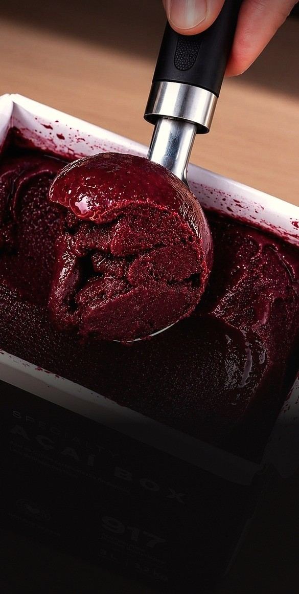 Scoop lifting dense açaí cream from a tray
